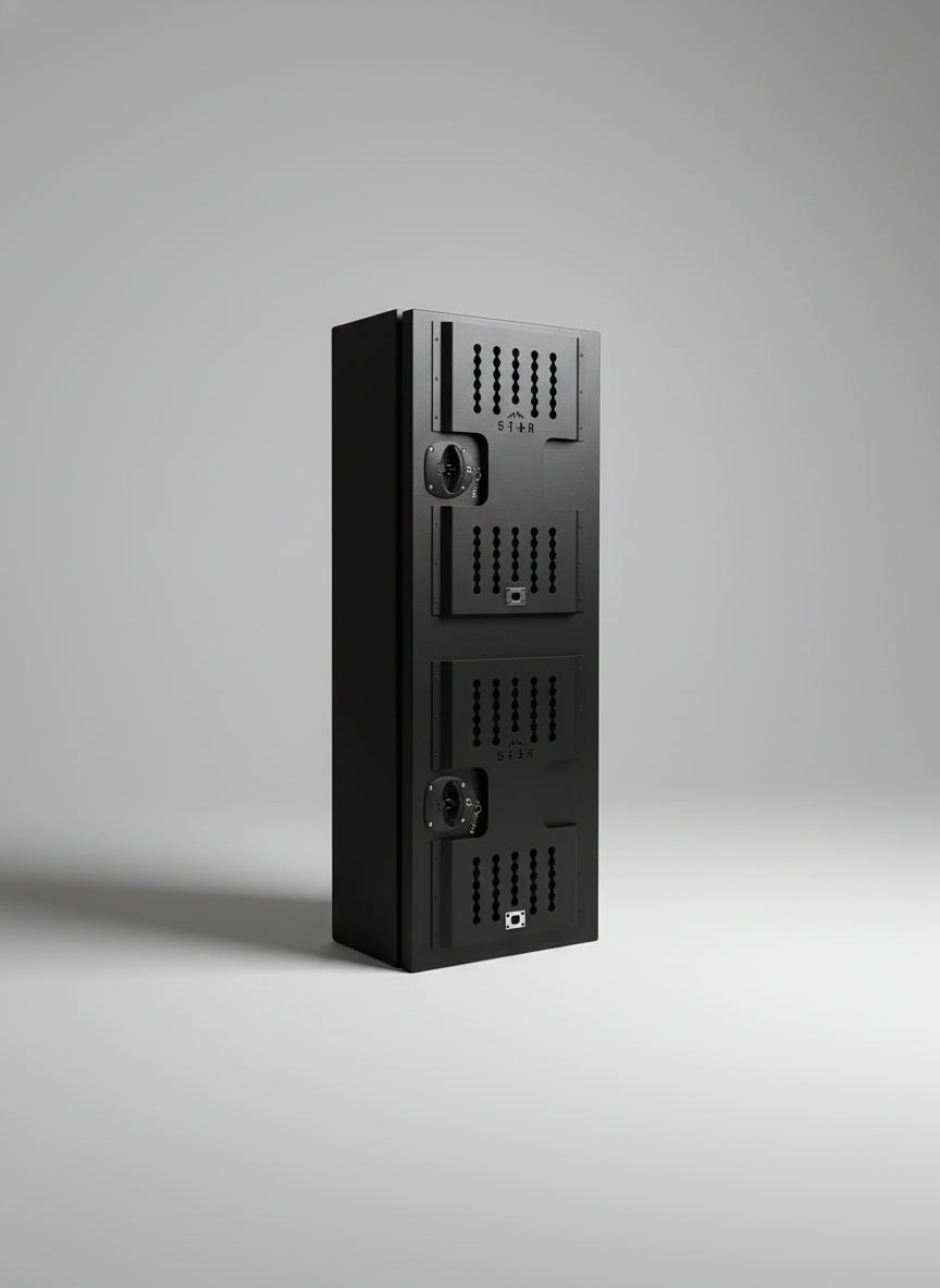 Black metal locker on a gray background
