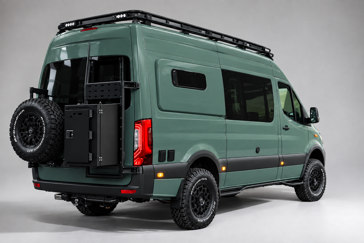MWB Sprinter adventure van with tubular aluminium roof rack, adventure box and wheel carrier